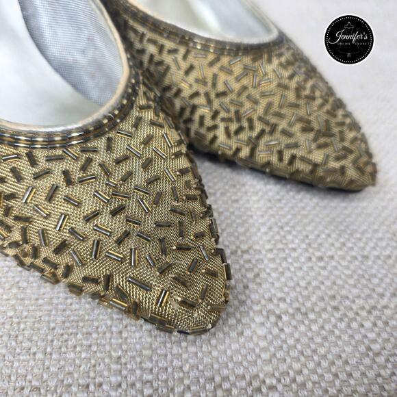 Dyeables Private Collection Vintage Gold Zazzle Mesh Beaded Pumps/Heels Size 7B - Picture 7 of 15
